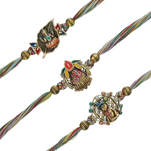 Image of eCraftIndia Set of 3 Lord Ganesha Krishna Om Designer Rakhi with Best Bro Ever Fridge Magnet & Roli Chawal Pack | Rakhi for Brother Bhabhi Kids | Traditional Raksha Bandhan Thread Set