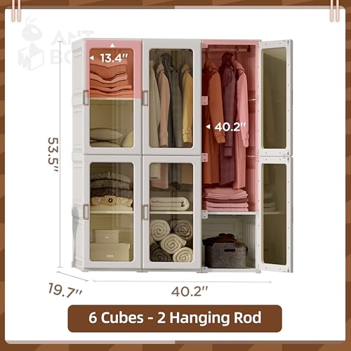 Image of ANTBOX Portable Wardrobe Closet Storage Organizer for Clothes，Folding All-in-one Plastic Wardrobe with Magnetic Door and Easy Assembly 6 Cubes-2 Hanging Rod
