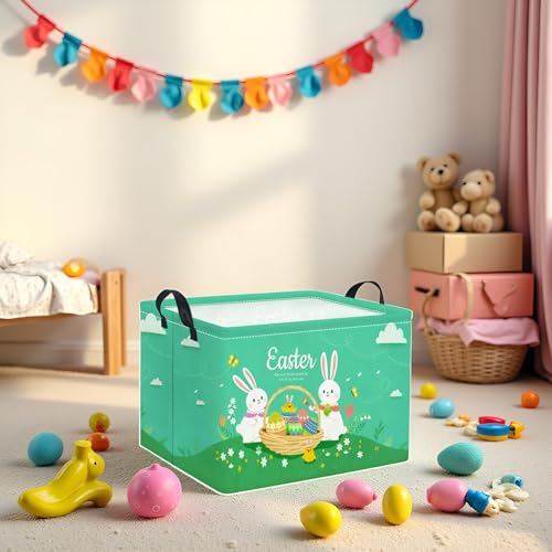 Image of Rectangular Easter Basket for Home Kitchen Baby Girls Basket Cute Storage Bin Organizer Shelf Book Room Decor(Green Cute Bunny)