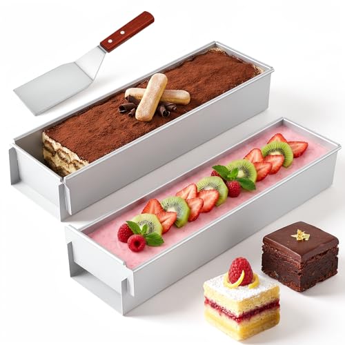 Lyksgir 2 Pack Tiramisu Mold Nonstick Rectangle Tiramisu Cake Pan Removable Frame Stainless Steel Cake Baking Mold 16.54.32.5 with 2 Metal Spatula for Cheesecake Mousse Lasagna Cold Desserts
