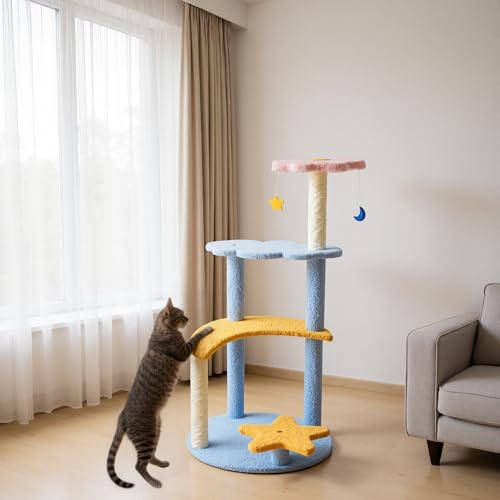 Image of Luna Cat Tree Star and Moon and Cloud with 4 Perches - Cute Multi-Level Cat Tower with Scratching Posts, Hanging Ball Toy - Colorful Cat Furniture for Indoor Cats, Kittens & Small Pets