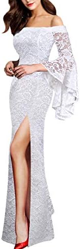 VFSHOW Womens Off-White Floral Lace Off Shoulder Ruffle Bell Sleeve High Slit Formal Evening Wedding Prom Party Maxi Long Dress 002 WHT XS