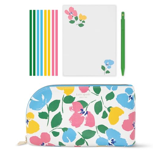 kate spade new york Desk Essentials Vegan Leather Pouch Set with Pen, Notepad, and Highlighter Tape Strips (Painterly Bouquet)