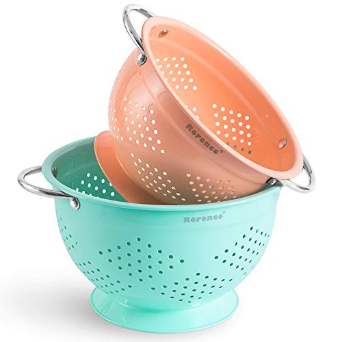 Rorence Colanders With Riveted Handles: Stainless Steel With Coral & Mint Green Color Powder Coating Set Of 2 #TOP27