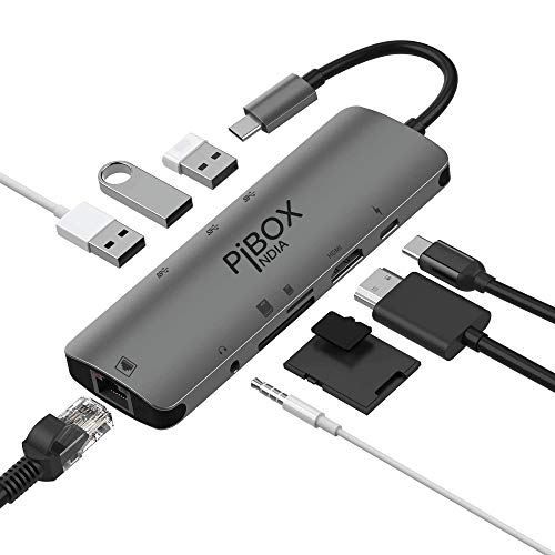 Image of PiBOX India, USB C Hub Dock- 9 in 1 Aluminum Type C Adapter with 4K HDMI, Ethernet 1000mbps RJ45, 3 USB 3.0, USB-C Power Delivery, 3.5mm Audio only, TF /SD Card Reader, MacBook / /Samsung USB C Devices