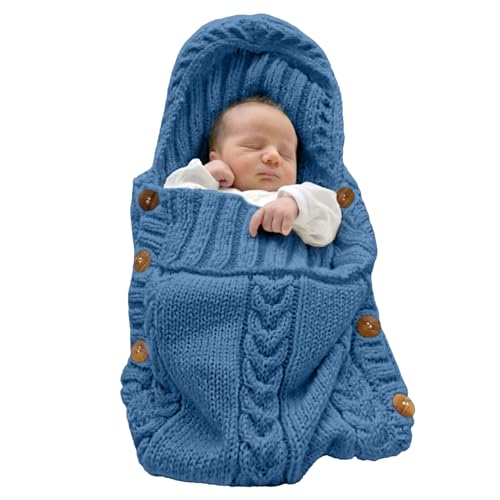 Image of XMWEALTHY Newborn Baby Wrap Swaddle Blanket Knit Sleeping Bag Receiving Blankets Stroller Wrap for Baby Blue 0-6 Month