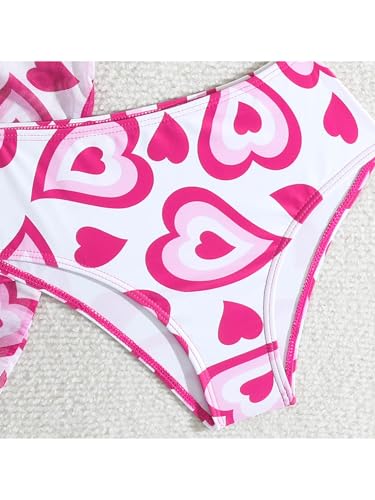 Choomomo Girls' 3 Piece Bikini Set Ruffle Straps Swim Cover Up Sets Beach Skirt Heart Print Swimwear Hot Pink 10-11 Years4