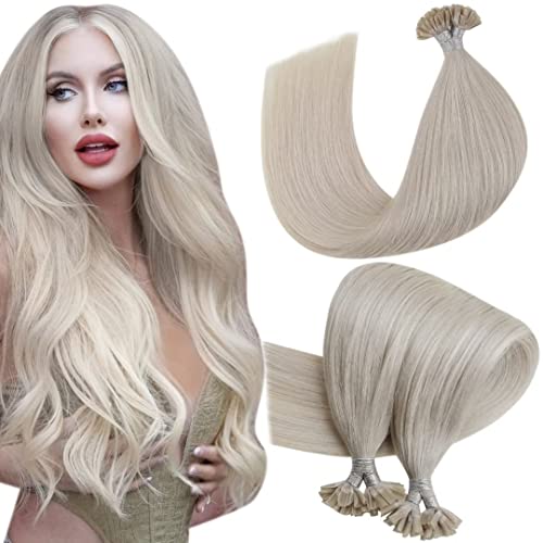 Hetto Keratine Extension Cheveux Naturel Humains Blond Platine Extension à Chaud Cheveux Naturel Lisse Extension U Tip Remy Human Hair 14 Pouces 50g par Paquet #60 Blond Blanc