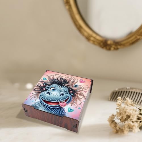 Image of DIY Diamond Painting Storage Box, Hippo Design Wooden Diamond Art Organizer with Flip-Top Lid and 4 Divided Compartments, Desktop Craft and Jewelry Storage Basket for Jewelry, Art and Craft Storage