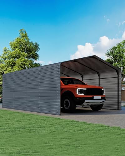 Image of Heavy Duty Metal Carport, 12x20FT Outdoor Carport Canopy with Galvanized Steel Roof and Reinforced Base, Metal Side Panels, Sidewalls, Garage Shelter Shade for Cars, Trucks, Boats, Gray
