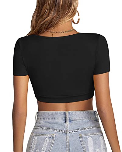 LYANER Women's Summer Crop Tops Square Neck Short Sleeve Workout Shirt Going Out Sexy Top Basic Slim Fit Tees2