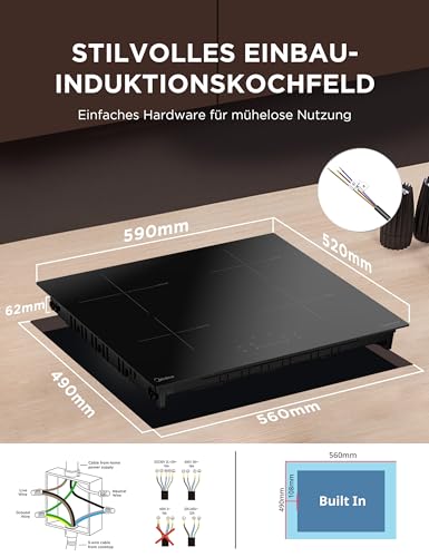 MIDEA 7400w Induktionskochfeld mit 4 Kochzonen Kochfelder Einbau Keramikkochfeld, Verdrahtung, Berührungssteuerung, Automatische Abschaltung, Kindersicherung