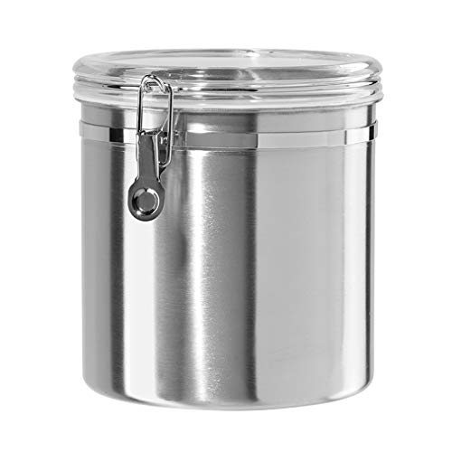 Oggi Stainless Steel Kitchen Canister 152 fl oz - Airtight Clamp Lid, Clear See-Thru Top - Ideal for Kitchen Storage, Food Storage, Pantry Storage. Jumbo Size 8" x 8". by Oggi - Used condition - US$22.43