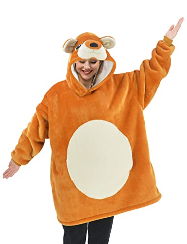 Lassupin Teddy Brown Bear Wearable Blanket Sweatshirt Sherpa Oversized Hoodie Tv-Blanket With Sleeves And Pockets For Adults Men Women Teens One Size Fits All #TOP2
