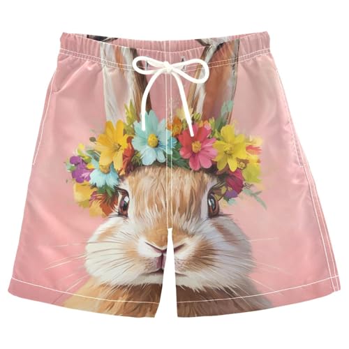 DOMIKING Floral Crown Rabbit Pink Boys' Pull On Swim Trunks Quick Dry Boardshorts with Mesh Lining for Hiking Swimming M