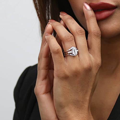 BERRICLE Sterling Silver 3-Stone Wedding Engagement Rings 2.1 Carat Emerald Cut Cubic Zirconia CZ Wishbone Ring Set for Women, Rhodium Plated 5