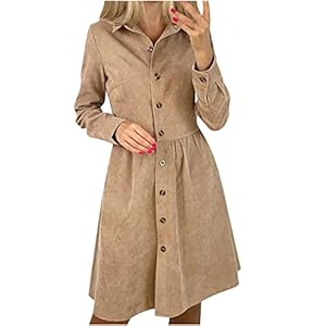 Sisifa Damen Kleid Elegant Cord Shirtkleid Casual Kleider für Frauen Herbst Button Down Hemdkleid Lose Swing Revers Langarm Hohe Taille Cord Minikleid Freizeitkleid