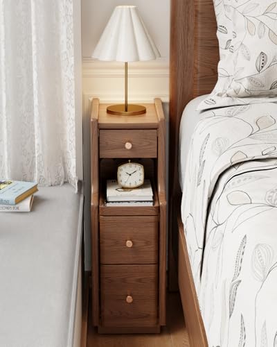 Image of Solid Wood Narrow Nightstand with 3 Drawers,Modern Walnut,Fully Assembled