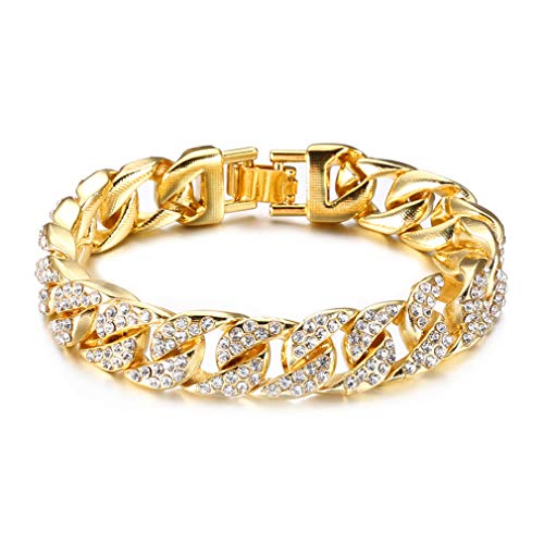 Fusamk Hip Hop Plated 18K Gold 14MM Wide Cuban Chain Bracelet Crystal Link