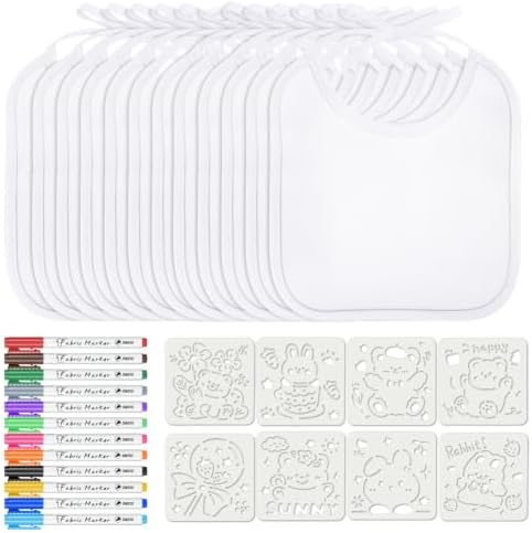Aolso Baby Lätzchen zum Bemalen - 12 Weiße Lätzchen Mit 12 Textilstift und 8 Zeichenvorlage, Geschenke zur Babyparty, Wasserdicht (20 * 17.5cm)