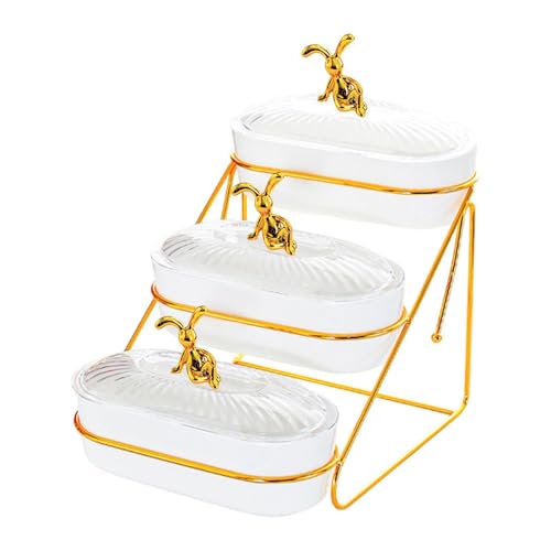 Milageto Placa de Fruta Seca, Bandeja para Servir Aperitivo con Tapa, Plato de Uso múltiple con Soporte, porción de bandejas de Bandeja, White 3 Niveles