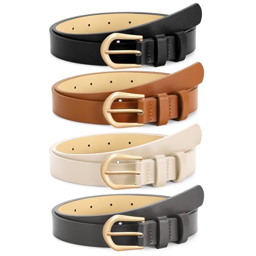 4 Pack Women's Thin Leather Belts - Skinny Gold Buckle Waist Belts for Jeans and Dresses