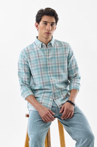 Image of SNITCH Men Casual Shirt | Slim Fit Full Sleeve Button-Down Collar Plaid Design | Polyester Cotton Linen Blend & Breathable Fabric for Everyday Wear