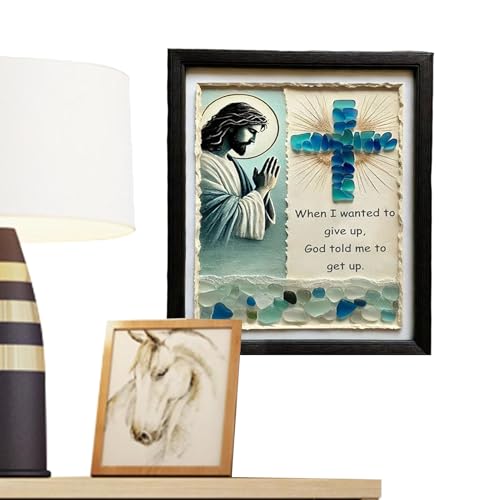 Arte de pared de vidrio de mar cristiano con imagen de Jesús para oración en cuadro enmarcado