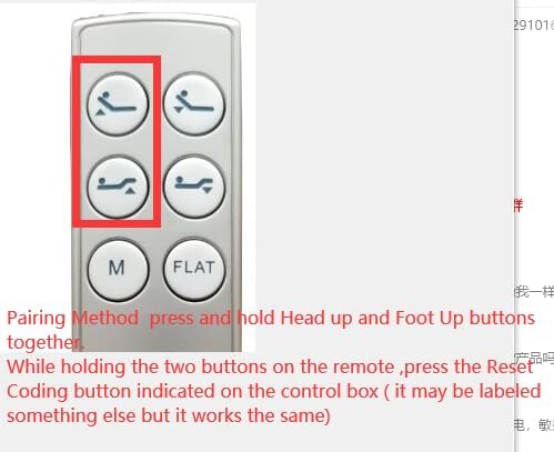 Remote control with 'head up' and 'foot up' buttons highlighted for pairing.