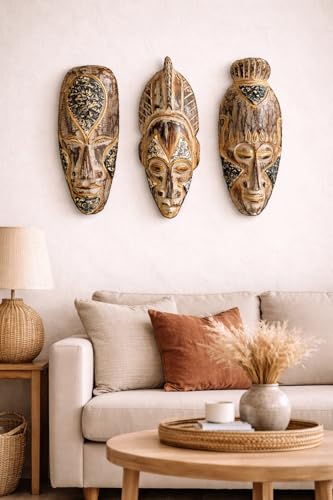 OMA Set Of Three African Decorative Masks For Fortune And Luck Wooden Hand Crafted Tiki Tribal Home Decor Gift - 12" High
