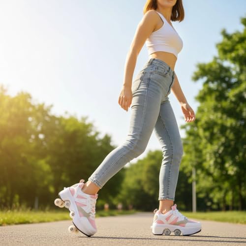 CHSSIH Roller Skate Shoes for Girls, Kids, Women, Men & Adults &ndash; Retractable Shoes with Wheels | Pop-Out High Roller Skating Shoes that Turn Into Sneaker Skates (Pink, 9.5)