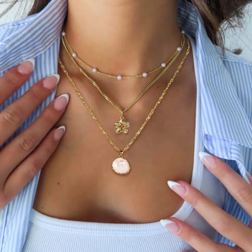 Charm Necklaces for Women,14k Gold Plated Waterproof Dainty Choker Necklace Summer Seashell Pearl Beach Cute Necklaces Set Fashion Jewelry Gift3