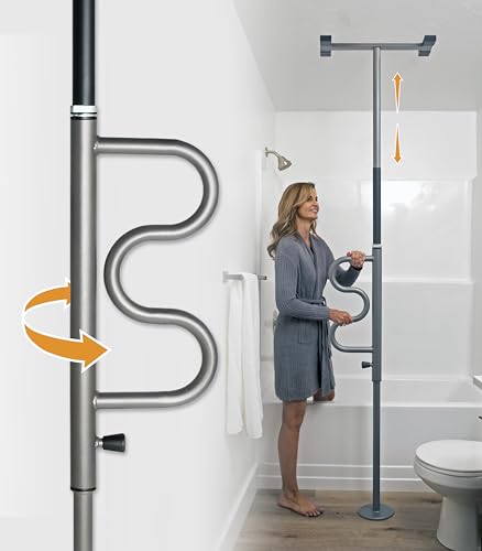 Image of Stander Wonder Pole Plus with Rotating Double Grab Bar, Tension Mounted Security Pole for Seniors & Elderly Adults, No-Drill Floor to Ceiling Transfer Pole for Home & Bath Safety, Graphite