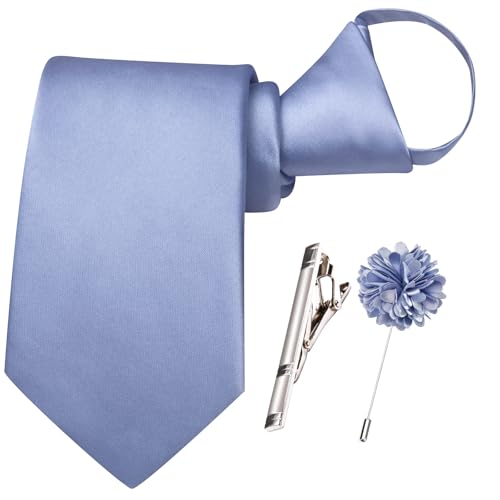 Image of Hi-Tie Pretied Boys Ties Solid Color Kids Adjustable Necktie Lapel Pin Clip Set Age 8-12 Wedding School Graduation