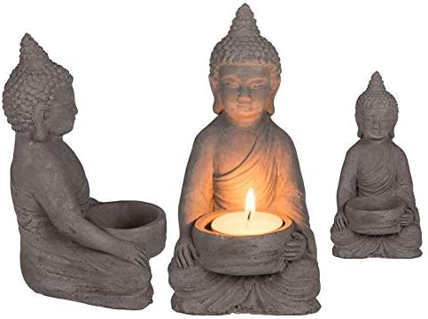 Invero Indoor Sitting Buddha Tea Light Holder Decoration Figurine Ornament - Ideal for Kitchens, Living Rooms, Lounges, Bedrooms, Gifts and more - Cement Finish