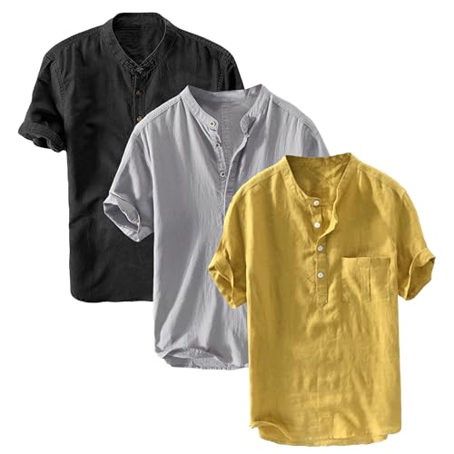 3 Pack Men's Lightweight Cotton Linen Shirt Short Sleeve Henley T-Shirts for Men Summer Casual Beach Tee Tops