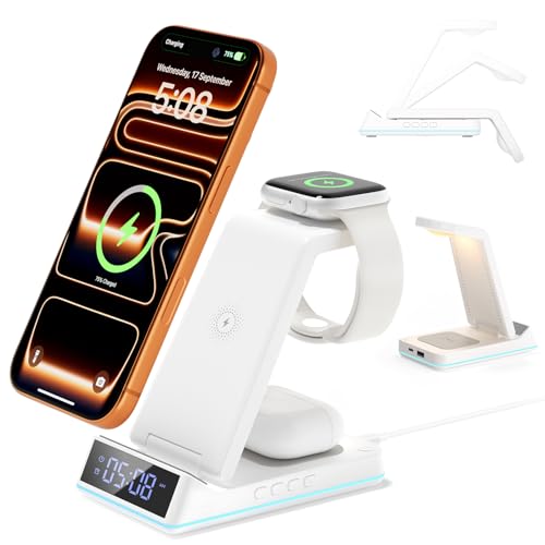2026 Upgraded Wireless Charging Station, 7 in 1 Wireless Charger Station Foldable Charger Stand with Night Light/Alarm Clock for iPhone 17-12 Pro Max Plus, Apple Watch, AirPods Gifts for Fathers Day