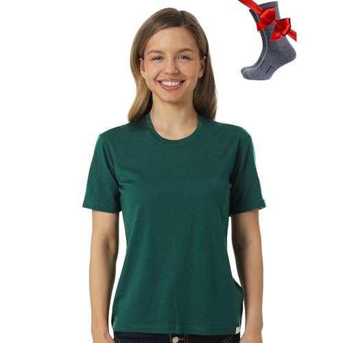 Image of Merino.tech Merino Wool T Shirt Women - 100% Merino Wool Base Layer Womens Short Sleeve Tee + Hiking Socks (Small, Forest Green Crewneck)