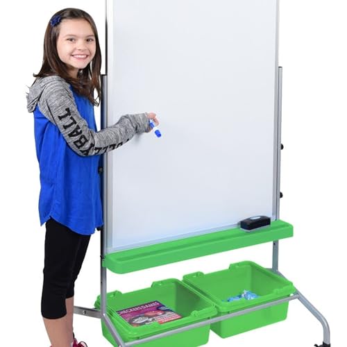 LUXOR MB3040WBIN Classroom Dry Erase Whiteboard and Chart Stand with Storage Bins, Double-Sided Magnetic Design on Wheels, Green/White