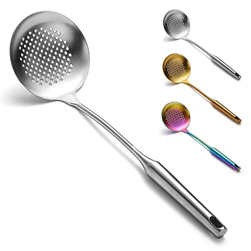 Strainer Skimmer, Evanda Stainless Steel Heavy Duty Sturdy Kitchen Skimmer, Slotted Spoon, With Comfort Handle and Hanging Holes, Easy to Store and Dishwasher Safe