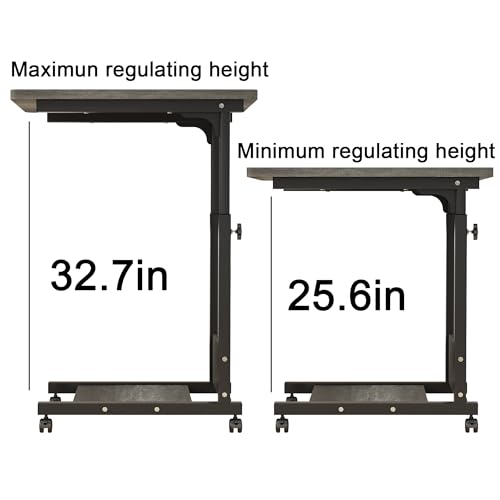 TigerDad Adjustable Height C Table Sofa Side Bedside Table with Wheels, Hospital Bed Table Rolling Tray with Storage, Mobile Computer Desk Laptop Table for Home Use,Gray