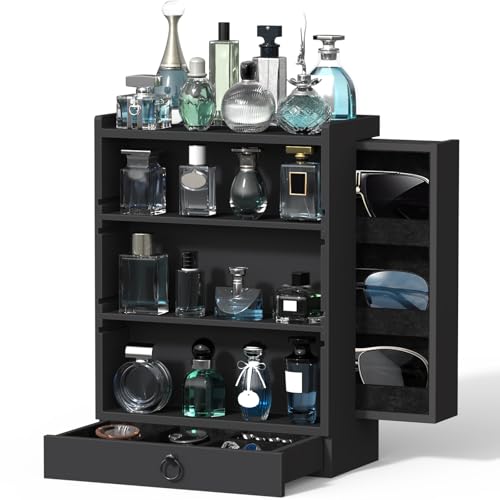 Wooden Cologne Organizer for Men Sliding 4 Tiers of Standing Perfume Display Stand with Side & Under Double Drawers Larger Storage Black Perfume Organizer Display Shelf Holder,Gift for Man