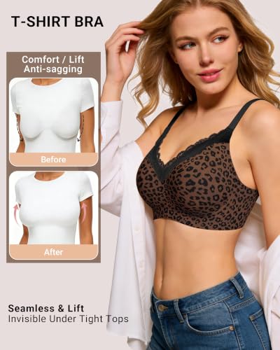 HORISUN Wireless No Underwire Bra for Women V-Neck Lace Trim Seamless Bra - image 4