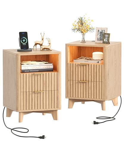 Akxomel Fluted Nightstands Set of 2, Night Stand with Charging Station and LED Light, 2 Storage Drawers and Open Shelf, Modern Bedside Table for Small Space, for Bedroom, Natural Oak