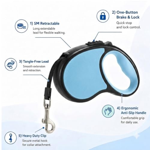 Image of Cawypety Retractable Dog Leash, 16ft /5M Heavy Duty Extendable Dog Walking Lead | One-Hand Brake & Lock, 360 Tangle-Free | Durable Pet Leash with Ergonomic Anti-Slip Handle for All Small,Large Breeds