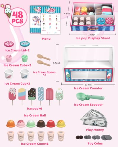 Plunack Wooden Ice Cream Shop Playset & Magnetic Fishing Game Bundle, Pretend Play Kitchen & Alphabet Puzzle for Kids 3-7 for Fine Motor Skills, Letter Learning & Imaginative Play
