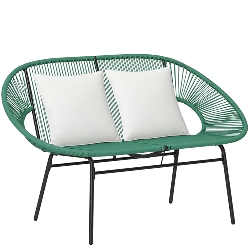 Outsunny Banquette Banc de Jardin 2 Places en Acier et Cordage en résine avec 2 Coussins - dim. 132L x 72l x 83H cm - Vert foncé