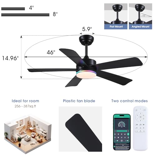 SHIHOT 46" Black Modern RGB Ceiling Fans with Lights for Bedroom Kids room by SHIHOT - Used condition - Image 2