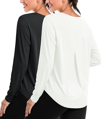 LE VONFORT Women's 2 Pack Long Sleeve Workout Shirts Quick Dry Sun Protection Running Yoga Tops White+Black X-Large