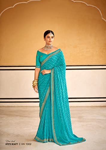 Sari georgette turquoise drapé facile parfait avec bordure lourde sans glisser - 2
